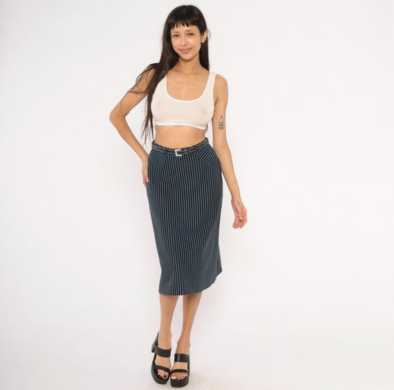 Navy Pinstripe Skirt 70s Jantzen Midi Belted White Stripe Below Knee Dark Blue Striped Pencil Office Academic Preppy Vintage Small S