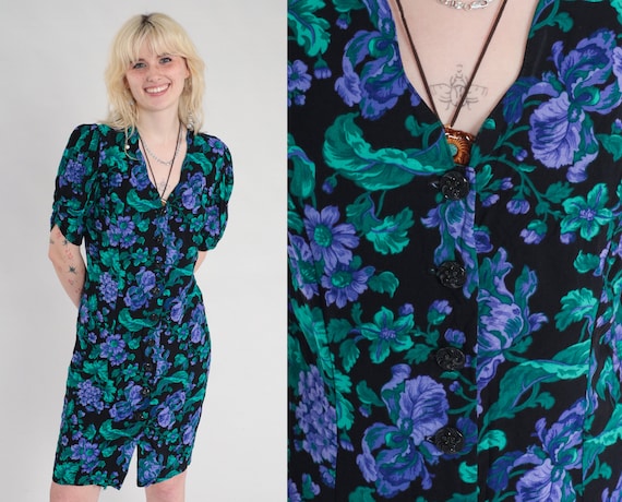 Floral Mini Dress 80s 90s All That Jazz Button up Puff Sleeve Dress Scalloped V Neck Garden Party Black Purple Green Vintage 1990s Medium