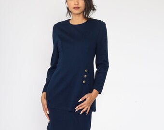 Blue Sheath Dress 80s Mini Dress Vintage Wiggle Pencil Secretary Dress Navy Long Sleeve Fitted Small