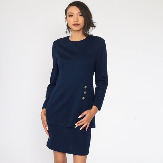Blue Sheath Dress 80s Mini Dress Vintage Wiggle Pencil Secretary Dress Navy Long Sleeve Fitted Small
