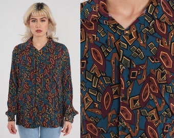 90s Button Up Shirt Abstract Print Shirt Retro Long Sleeve Geometric Pattern Statement Psychedelic Blue Brown Multicolor Vintage 1990s Large