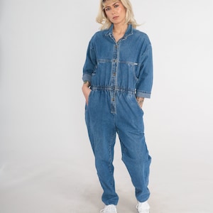 Denim Jumpsuit 90s Ideas Coveralls Blue Jean Snap up Boiler Suit 3/4 Sleeve Romper Pants Utility Workwear Boilersuit Vintage 1990s Medium