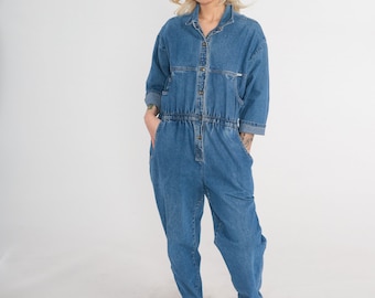Denim Jumpsuit 90s Ideas Coveralls Blue Jean Snap up Boiler Suit 3/4 Sleeve Romper Pants Utility Workwear Boilersuit Vintage 1990s Medium
