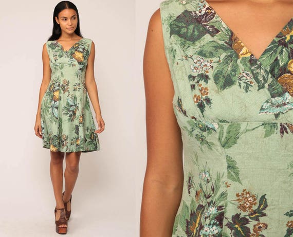 50s Day Dress Mad Men Mini Floral Leaf Print Sleeveless V Neck Fit and Flare 1950s Empire Waist Vintage Cocktail Rockabilly Large