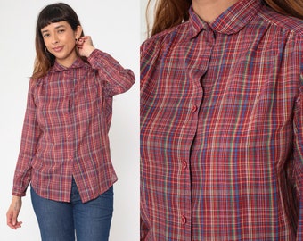 70s Plaid Shirt Red Tartan Button Up Checkered Print Shirt Preppy Collared 1970s Top Long Sleeve Vintage Multicolored Blue Green Small S