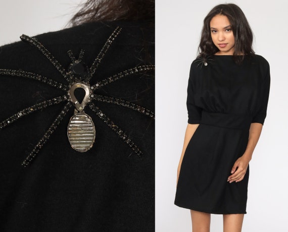 Black Party Dress 1950s Suzy Perette Dress SPIDER BROOCH Wool Mini Dress Sheath Dolman Sleeve 50s LBD 60s Pencil Pin Up Broach Small