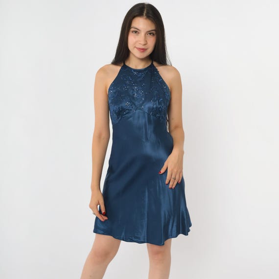 Vintage 90s Blue Satin Evening Dress Sequin Embroidered Floral Dress Halter Neck Formal Mini Empire Waist Prom Sleeveless Open Back Small 4