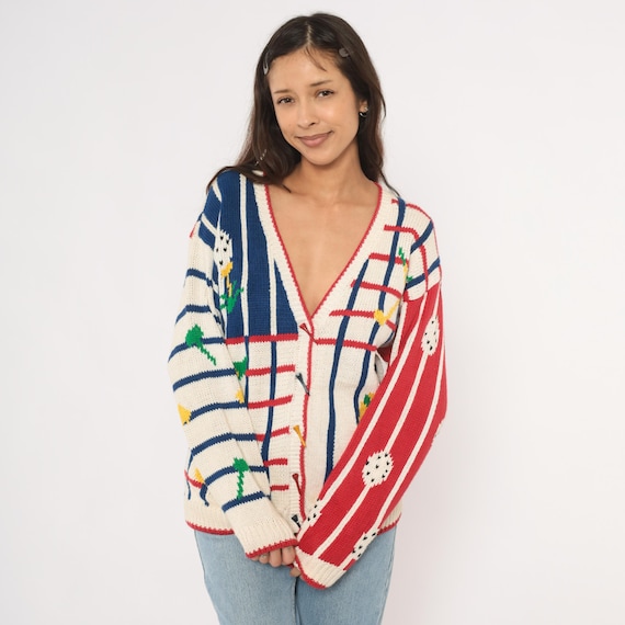 Golf Theme Cardigan Knit Plaid Stripe V Neck Sweater 80s Navy Red Cream Pocket Trophy Golfing Club Preppy Collegiate Vintage Medium M