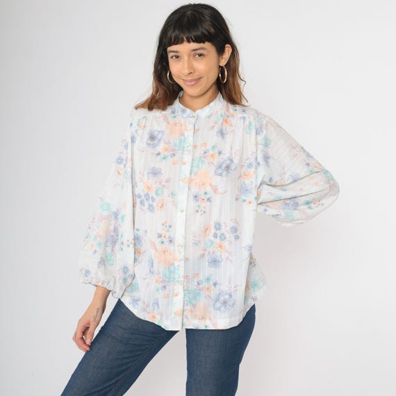 Vintage 70s Pastel Floral Blouse Boho Batwing Sleeve Button Up Shirt Mandarin Collar Shirt Bohemian Tunic Top Retro Hippie 1970s Large L