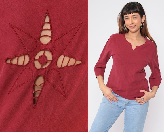 Burgundy Cutout Blouse 90s Floral Cutwork Long Sleeve Top Geometric Tunic Cut Out Blouse Retro Peekaboo Bohemian Summer Vintage 1990s Small