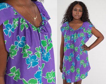 Tropical Mini Dress 80s Purple Floral Dress Hilo Hatties Aloha Boho Tulip Sleeve Shift Tent Summer Hawaiian Vintage 1980s Extra Large xl