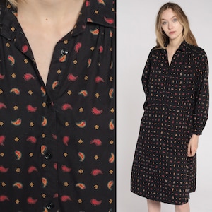 90s Paisley Dress Midi High Waisted Secretary Black Red Shirtdress Secretary Slouchy Button Up Vintage 1990s Long Sleeve Bohemian Medium image 1