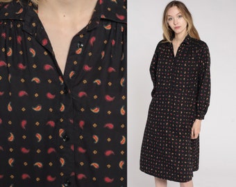 90s Paisley Dress Midi High Waisted Secretary Black Red Shirtdress Secretary Slouchy Button Up Vintage 1990s Long Sleeve Bohemian Medium