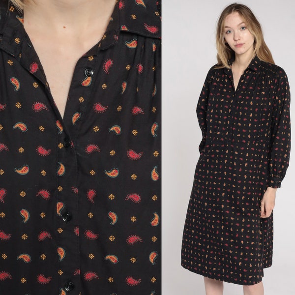 90s Paisley Dress Midi High Waisted Secretary Black Red Shirtdress Secretary Slouchy Button Up Vintage 1990s Long Sleeve Bohemian Medium