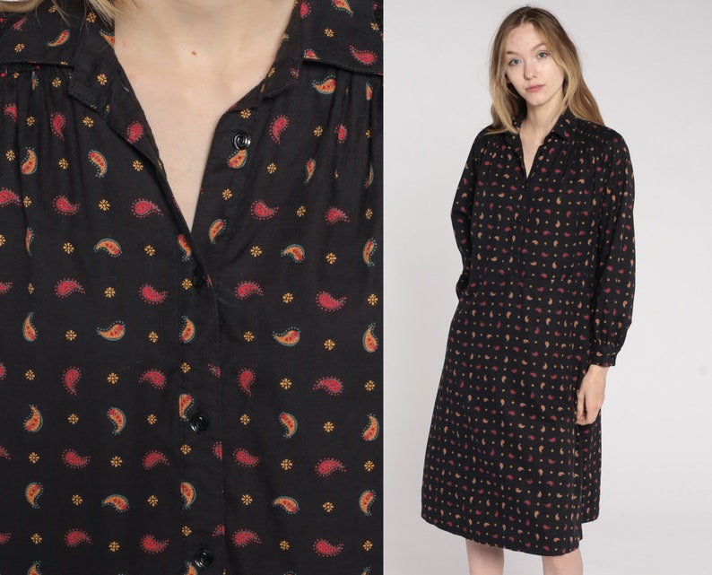 90s Paisley Dress Midi High Waisted Secretary Black Red Shirtdress Secretary Slouchy Button Up Vintage 1990s Long Sleeve Bohemian Medium image 1