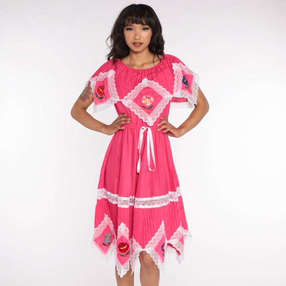 Off Shoulder Dress Midi Boho Mexican Embroidered … - image 3