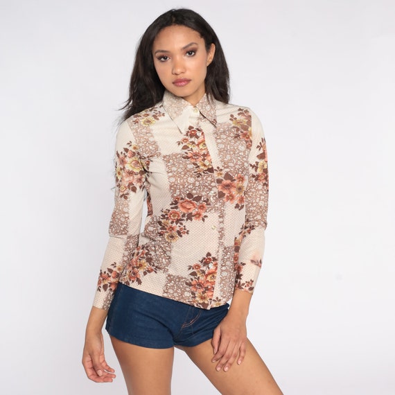 70s Floral Shirt Brown Boho Shirt Dagger Collar Disco Button Up Off-White Bohemian Blouse 1970s Hippie Vintage Long Sleeve Extra Small xs