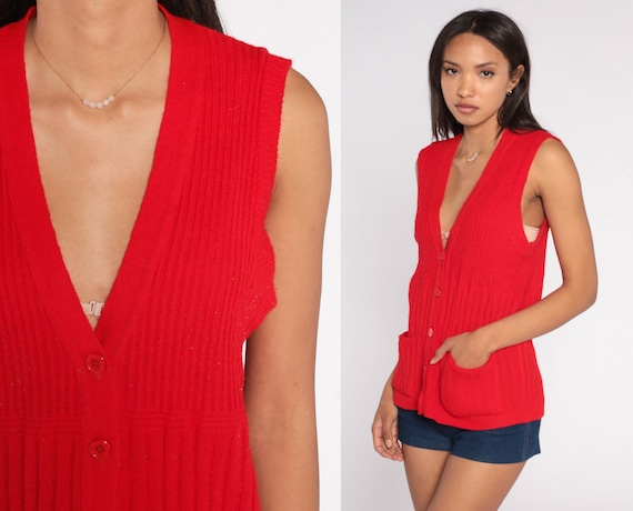 Red Sweater Vest 80s Button Up Ribbed Knit Tank Top Retro V Neck Sleeveless Sweater Basic Streetwear Layering Knitwear Vintage 1980s Large L