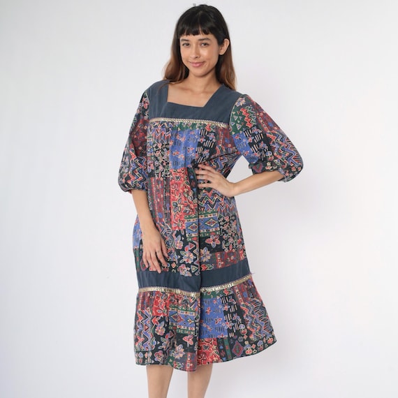 Vintage 80s Patchwork Dress Boho Floral Tiered Tent Festival Hippie Midi Puff Sleeve Square Neck Blue Red Geometric 1980s Medium Large