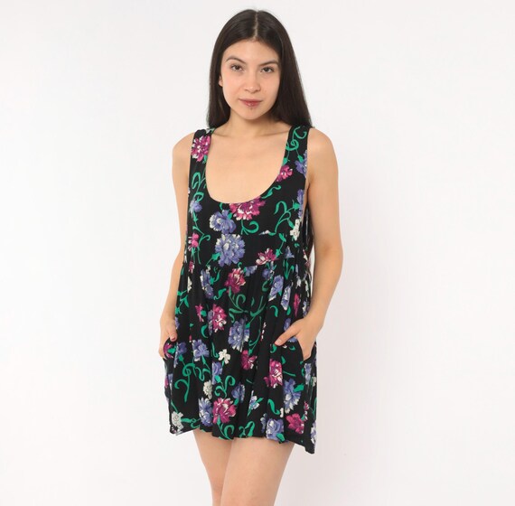 90s Floral Babydoll Dress Black Purple Pink Scoop Neck Sleeveless Mini Sundress Green Vine Print Empire Waist Tank Summer Vintage Medium M