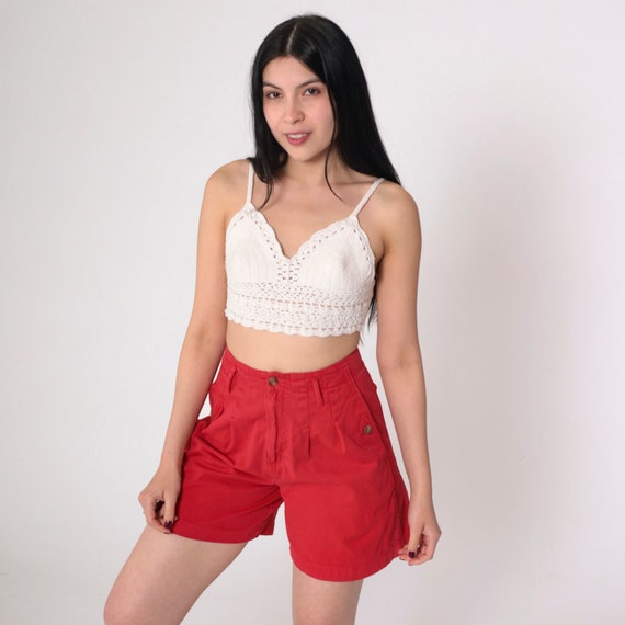 Red Shorts 90s Pleated Trouser Shorts Retro High Waisted Rise Mid Length Summer Basic Plain Simple Cotton Vintage 1990s Palmettos Small S 26