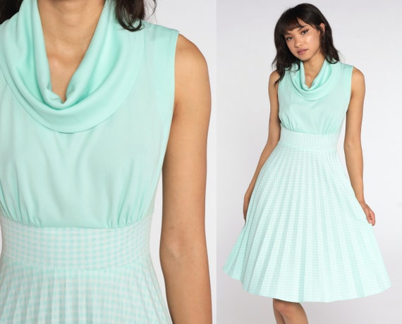 70s Babydoll Dress Mint Green Gingham Dress 60s M… - image 1