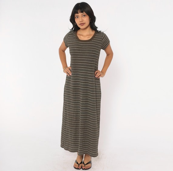90s Olive Striped Ankle Length Dress Ribbed Knit Cotton Short Sleeve Scoop Neck Brown Tan T Shirt A Line Grunge Pullover Long Vintage Large