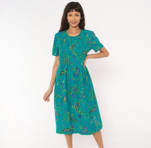 Paisley Pintuck Dress 90s Teal Floral Midi Short Sleeve Cotton Waist Purple Green Printed Tea Length Summer Spring Vintage Womens Medium M