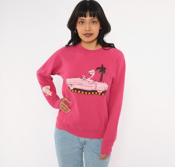 90s Flamingo Sweatshirt Pink Car Graphic Raglan Magenta Cotton Palm Tree Tropical Animal Jerzees Long Sleeve Ribbed Cuff Top Small S