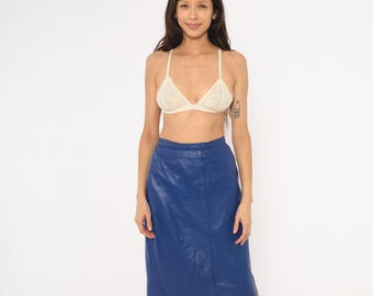 80s Cobalt Faux Leather Skirt Bagatelle Blue Pencil Midi High Waist Side Zip Royal Navy Vintage Office Straight Lined Summer Bright Women 16
