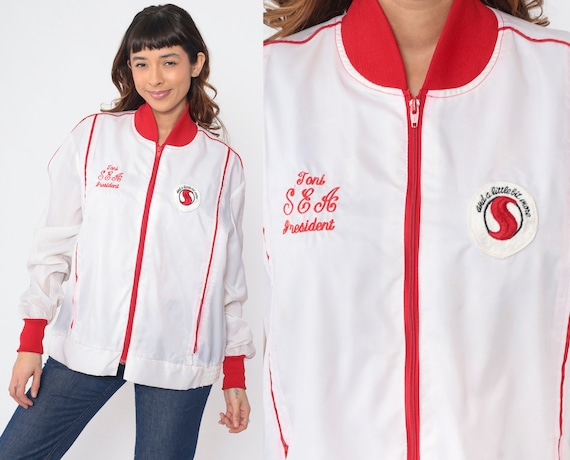 80s Uniform Windbreaker SEA President Toni Jacket Retro Zip Up Thin Nylon White Red Striped Jacket Sporty Vintage 1980s Extra Large xl