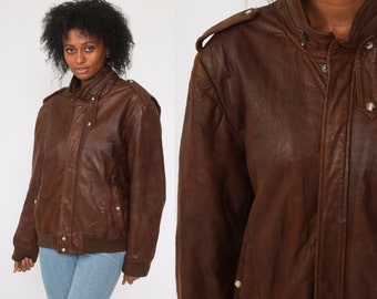 Leather Pilot Jacket 44 Brown Leather Biker 80s Moto Bomber Coat Motorcycle Cafe Racer Jacket Flight 1980s Vintage Men's Large 44