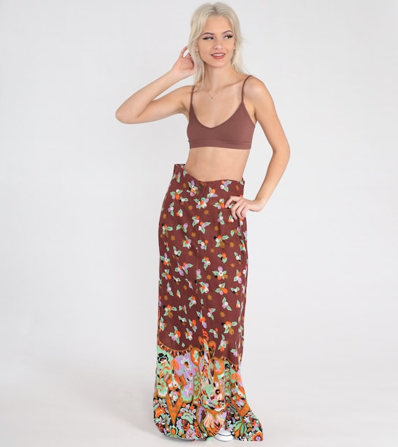 Floral Bohemian Skirt Maxi 70s Young Edwardian by Arpeja Brown Long Skirt High Waist Hippie 1970s Boho Vintage Bohemian Retro Small S