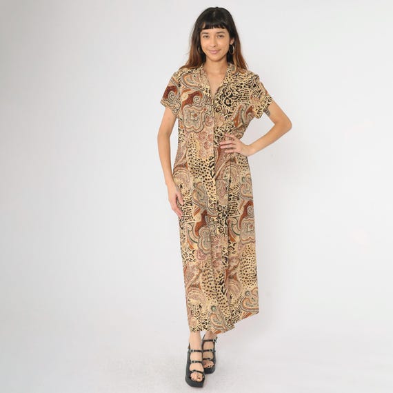 90s Leopard Paisley Dress Animal Print Maxi Button Up Shirtdress 1990s Short Sleeve Vintage Shift Collared Yellow Burnt Orange Large 14