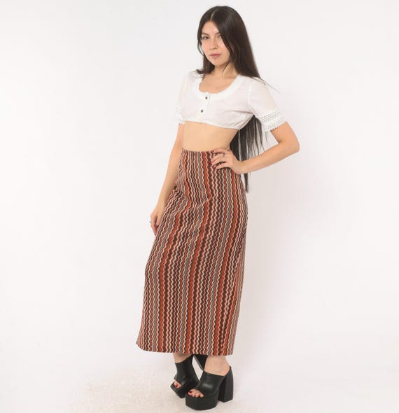 70s Zigzag Knit Maxi Skirt Orange Brown Wavy Stripe Pencil Ankle Length Elastic Waist Earth Tone Chevron Pattern Fitted Long Vintage Large L