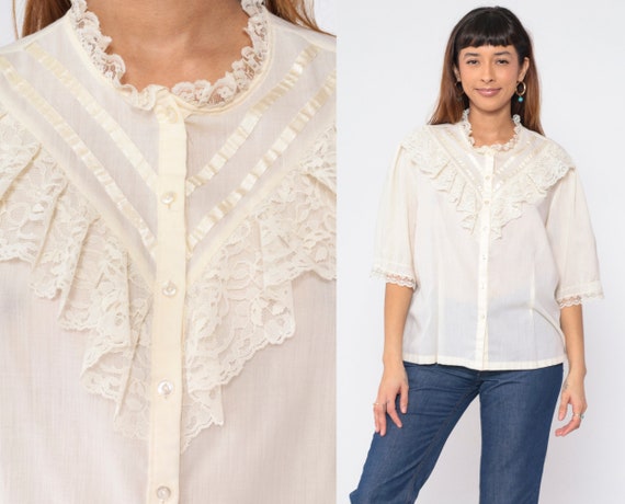 Vintage 1970s White Ruffle Lace Yolk High Neck Western