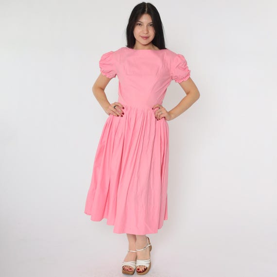 60s Cottagecore Dress Bright Pink Puff Sleeve Country Square Dance Dress Cottagecore Midi High Waist Fit and Flare Vintage 1960s Small S