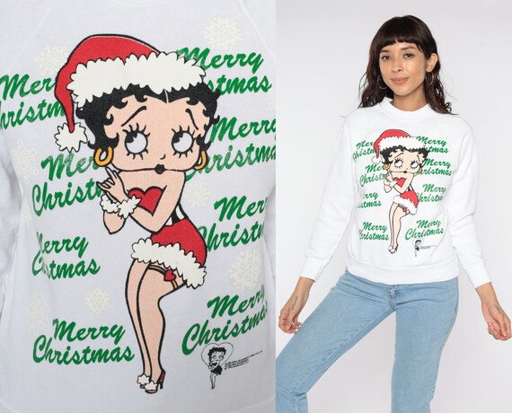 Betty Boop Sweatshirt 90s Pin Up Merry Christmas Sweatshirt Pinup Crewneck Pullover 1990s Graphic Cartoon Vintage White Jumper Small xs s