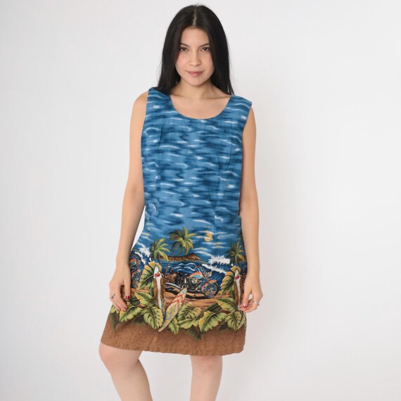 Vintage Hawaiian Motorcycle Dress Sleeveless Surfer Beach Scene Palm Tree Ocean Sunset Blue Kuuipo Dress 1990s Medium Large