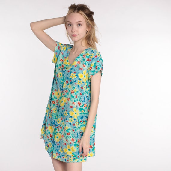 Watercolor Floral Dress Mini 90s Blue Green Summe… - image 3