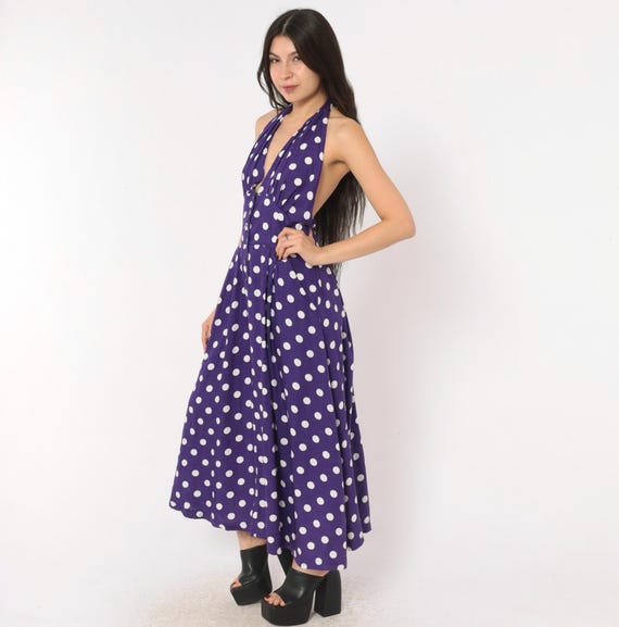 Y2K Polka Dot Halter Dress Purple White Backless Midi Deep V Neck Pleated Skirt Tie Back Pin Up Rockabilly Summer Sundress Vintage Large L