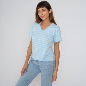 Striped T-Shirt 90s V Neck TShirt Blue White Tee Retro Short Sleeve Basic Plain Summer V Neck Shirt Cotton 1990s Favorites Vintage Medium M image 2