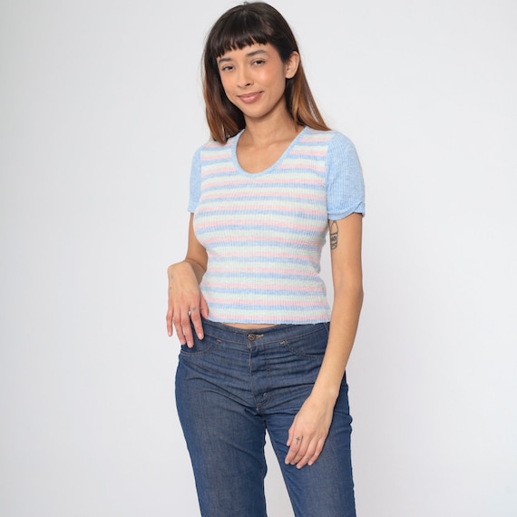 70s Striped Knit Top Pastel Blue Pink Short Sleeve Vintage 1970s Ribbed Tee Retro Blue Pink Lime Green Ringer Neckline Baby Tee Small