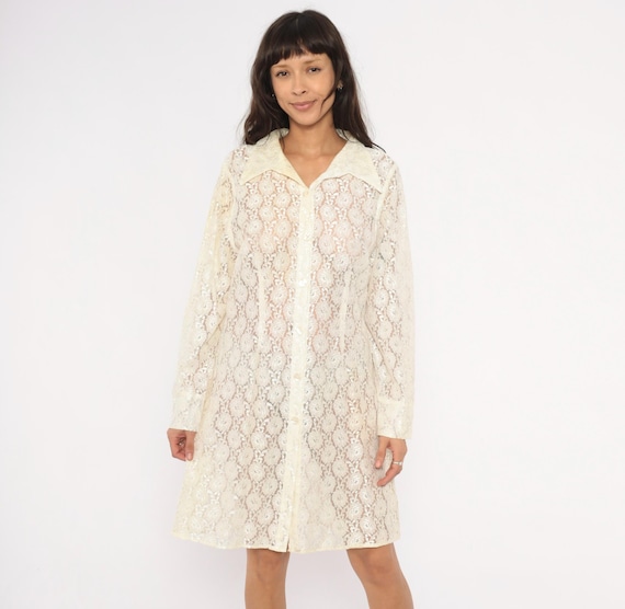 90s Sheer Lace Shirt Dress Cream Floral Button Front Collared Long Sleeve Knee Length Ivory Duster Romantic Feminine Coquette Vintage Large