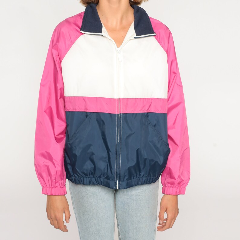 Color Block Windbreaker 90s Zip Up Jacket Retro Pink White Blue Striped Lightweight Shell Hipster Streetwear Nylon Vintage 1990s Medium M image 7