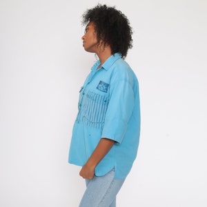 Blue Tropical Shirt 90s PALM TREE Shirt Hawaiian Distressed SURFER Button Up Shirt 1990s Summer Top Striped Beach Sea Medium Large image 4