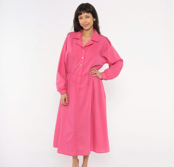 80s Hot Pink Shirtdress Gathered Waist Midi Fuchsia Balloon Sleeve Epaulette Shoulder Cotton Blend Rose Magenta Prairie Vintage Large L