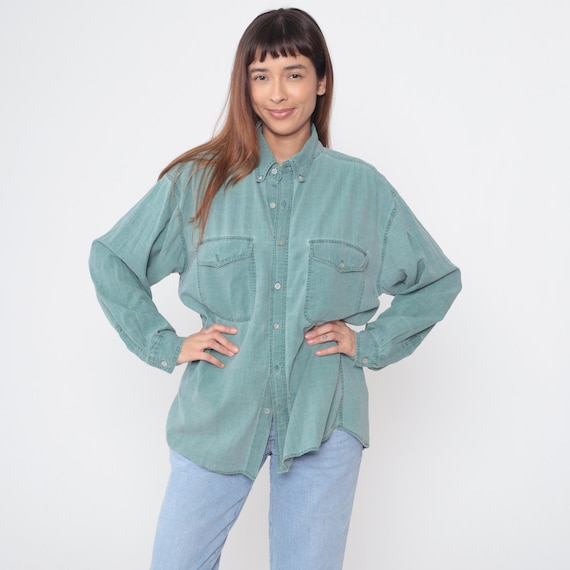 90s Sage Green Button Down Shirt Long Sleeve Cotton Top Double Flap Pockets Soft Washed Fabric Fit Casual Workwear Camping Outdoors Large L