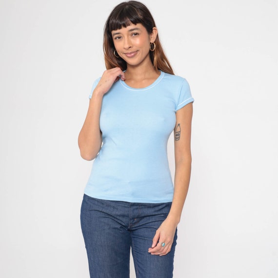 Baby Blue Ringer Tee Shirt 80s Single Stitch Cap Sleeve Top Plain TShirt Retro Tee Vintage 1980s Pastel White Piping Stedman Small