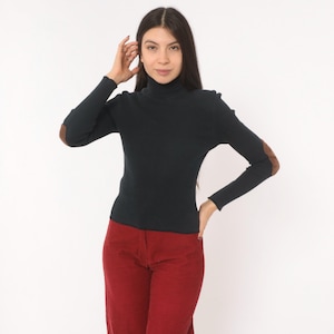 90s Elbow Patch Turtleneck Ribbed Knit Sweater Black Cotton Pullover Dark Academia Long Sleeve Top Collegiate Preppy Winter Extra Small XS